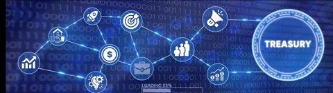 Dynamic network of business icons on a digital binary code background with .. Stock Footage 332396164