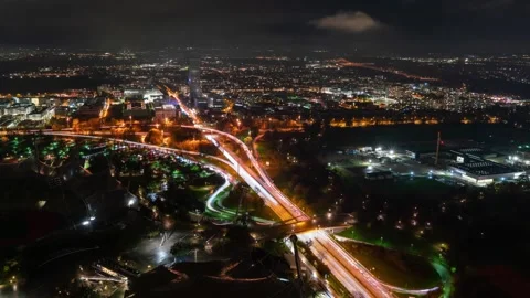 Dynamic Night Lights of Munich from Sky: Autumn Timelapse Stock Footage 309539109