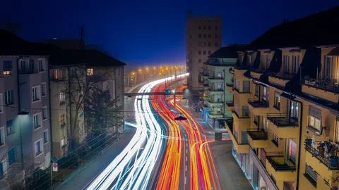 Dynamic Night Traffic at City Intersection in Zurich, Switzerland Stock Photos