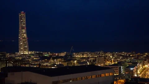 Dynamic Nighttime Timelapse of Malmo’s Towering Skyline and Architecture Stock Footage 306447956