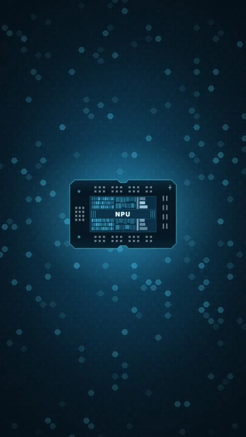 Dynamic NPU Chip Visual with Hex Mesh Design in Deep Blue Tones Showcasing a Glo Stock Footage 340691177