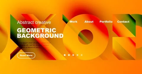 Dynamic orange background features geometric shapes, text elements, navigation Illustrazione stock