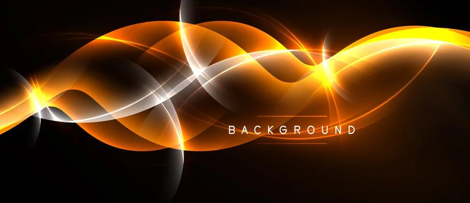 Dynamic orange lines flow over dark backdrop. Bright light creates energy, Stock Illustration