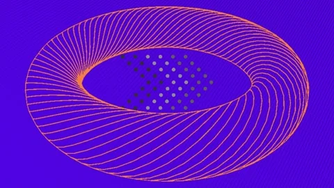 Dynamic orange lines swirl around gradient dots on vibrant blue background Stock Footage 322793921