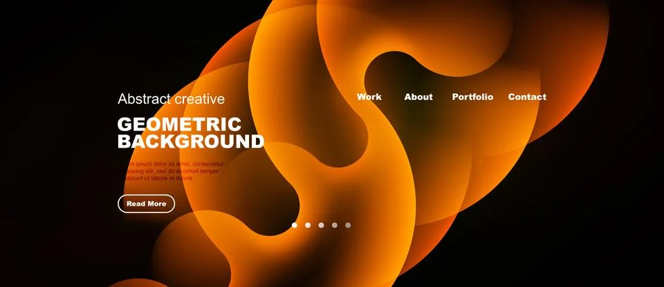 Dynamic orange shapes over black background. Website header includes naviga.. Stock Illustration