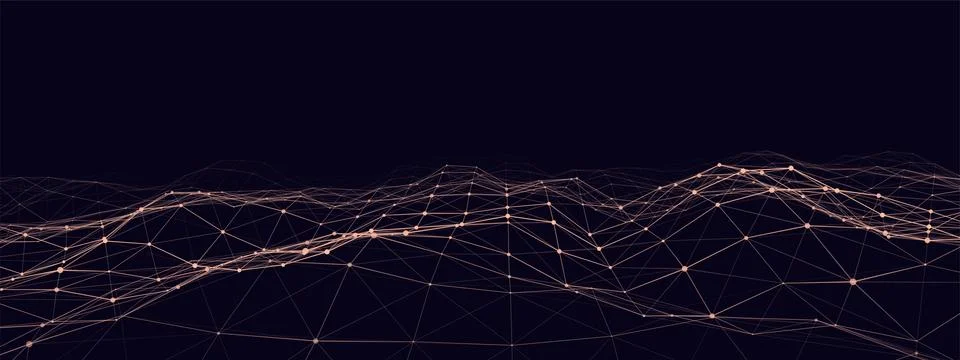 Dynamic orange wave with connected dots and lines on a blue background. Dig.. Stock Illustration