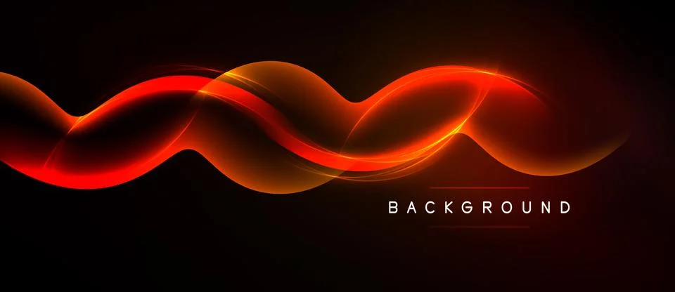Dynamic orange waves flow across black space. Bright light creates smooth, Stock Illustration