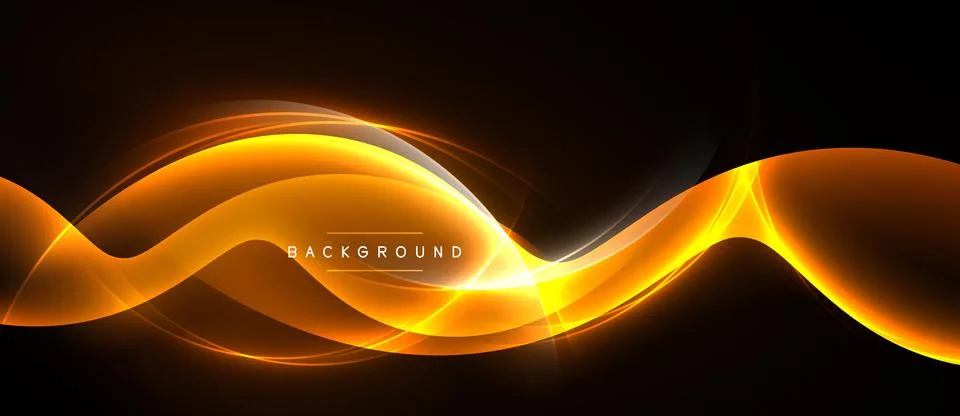 Dynamic orange waves flow across black background. Bright light creates smoot Stock Illustration