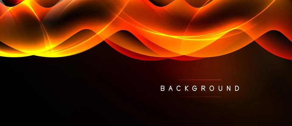 Dynamic orange waves over dark background. Bright lines create flowing, moder Stock Illustration
