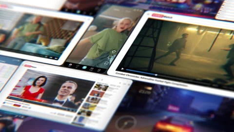 Dynamic Overlay of Multiple Video Screens Shows Fast Paced Social Media Content Vídeos de archivo 321138612
