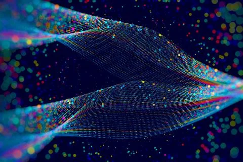 Dynamic particle streams form an advanced data architecture for AI computing, Stock Illustration