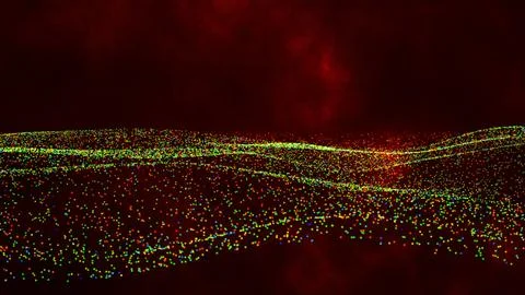 Dynamic particles dots wave flowing over dark. 3d rendering. Flowing dot an.. Illustrazione stock