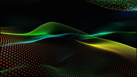 Dynamic particles sound wave flowing over dark. Halftone graphic dots waves.. Illustrazione stock
