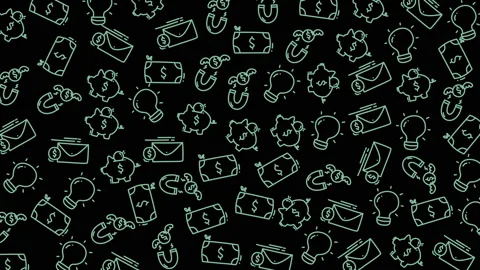 Dynamic pattern of finance and idea icons on dark background for creative p.. Stock Footage 321639943