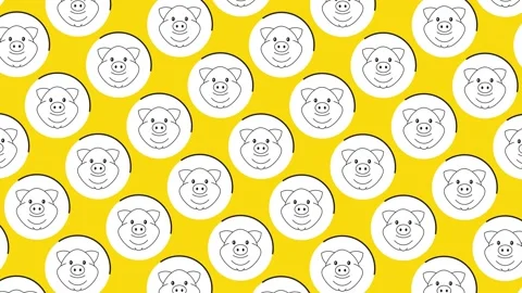 Dynamic pattern with Pig face icon in white circle on a yellow background Stock Footage 173187940