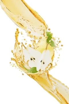 Dynamic pear juice stream with splashes, organic yellow pear fruit slices, gr Stock Photos
