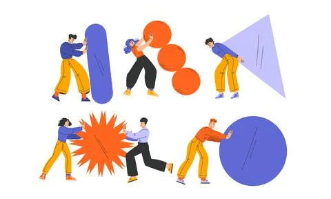Dynamic People Engaging in Interaction with Geometric Shapes in Various Contexts Illustration