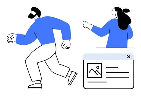 Dynamic People with Web Interface Elements in Blue and White Colour Palette Stock Illustration