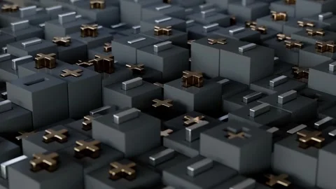 Dynamic Perspective Golden Silver Positive Negative Sign Cups on Black Cubes Loo Video stock 348519873
