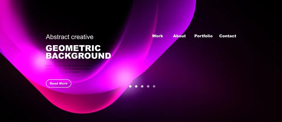 Dynamic pink geometric background. Website header includes navigation options Stock Illustration