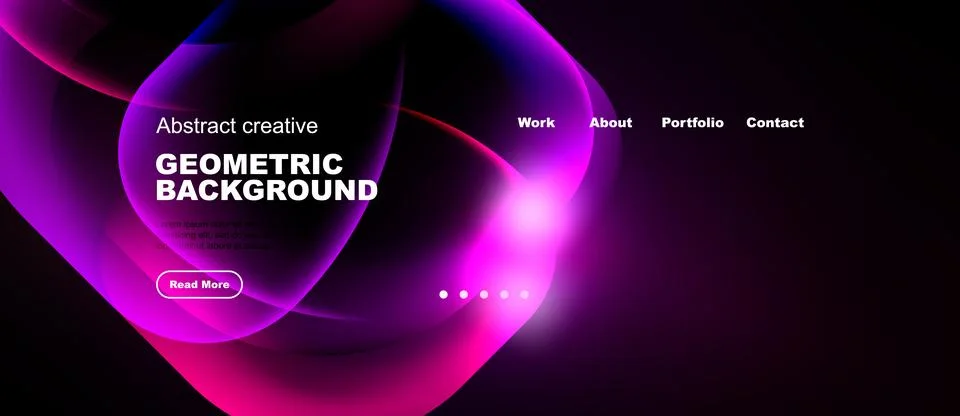 Dynamic pink, purple geometric background. Website header includes navigation Stock Illustration