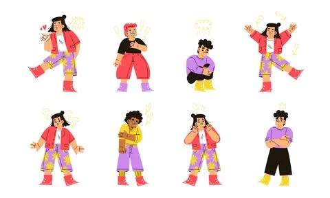 Dynamic Pixel Art Characters in Various Poses for Depicting a Range of Emotions Stock Illustration