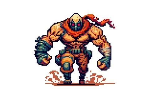 Dynamic pixel art illustration of a strong, masked warrior adorned with a r.. Stock Illustration