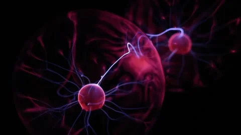Dynamic plasma ball discharge with blue and purple neon lightning in motion Stock Footage 333929260