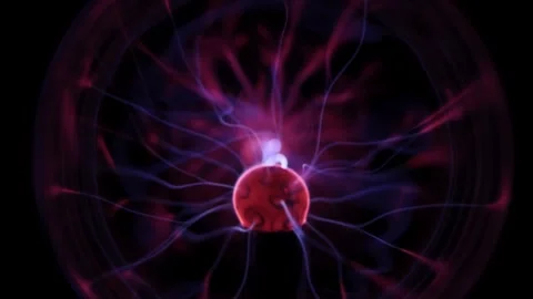Dynamic plasma ball discharge with blue and purple neon lightning in motion Stock Footage 333929394