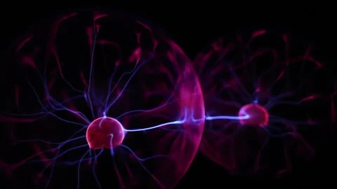 Dynamic plasma ball discharge with blue and purple neon lightning in motion Stock Footage 333929404