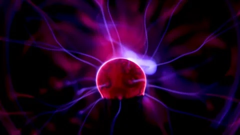 Dynamic plasma ball discharge with blue and purple neon lightning in motion Stock Footage 333929589