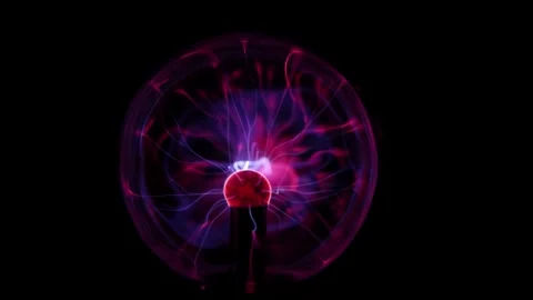 Dynamic plasma ball discharge with blue and purple neon lightning in motion Stock Footage 333929630