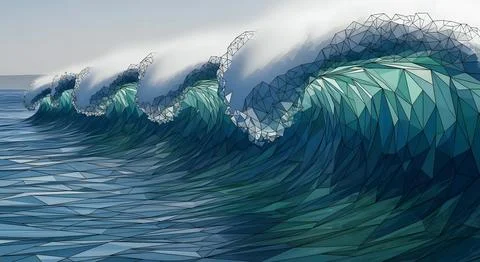Dynamic polygonal ocean wave background with low poly geometric water and c.. Stock Illustration