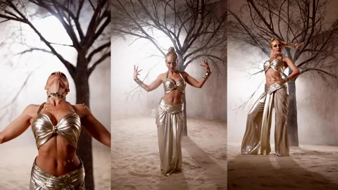 Dynamic poses with a demonstration of curves. The gold of the costume  Stock Footage 314647193
