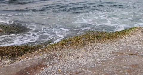 Dynamic powerful ocean or sea wave or wave setup hits on granite rock coast c Stock Footage 155225036