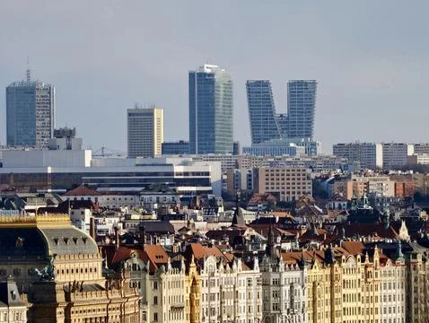 Dynamic Prague city view highlighting reflective high rise buildings and bu.. Stock-Fotos