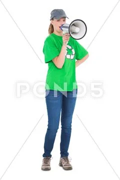 Dynamic pretty environmental activist yelling in a megaphone Stock Photos