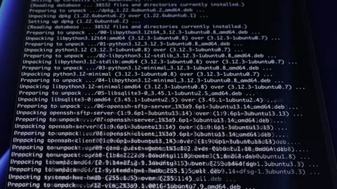 Dynamic programming code displaying software installation updates for Ubunt.. Stock Footage 320174379
