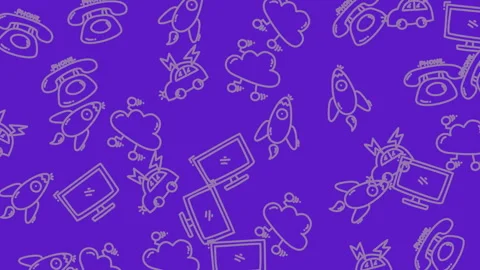 Dynamic Purple Doodle Pattern Video Background Showcasing Tech Icons. Stock Footage 325014106