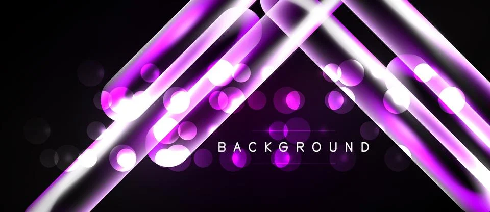 Dynamic purple lines intersect over black space. Bright glowing circles add Ilustração Stock