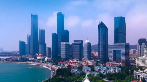Dynamic Qingdao Skyline Time-Lapse, Modern Coastal City Stock Footage 330882324
