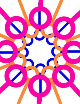 Dynamic radial pattern featuring pink, orange, and blue circular shapes rad.. Stock Illustration