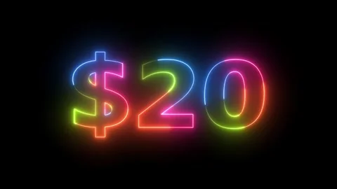 Dynamic Rainbow Neon $20 Sign Glowing Vibrant Light on Dark Background Loopab Vidéo 330411469