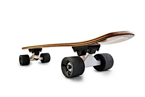Dynamic rear view of a Black and wooden skate board isolated Stock Photos