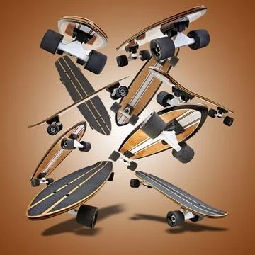 Dynamic rear view of a Black and wooden skate board isolated Stock Photos