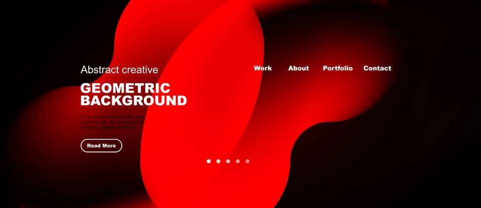 Dynamic red abstract shapes dominate dark background. Website header includes Stock Illustration