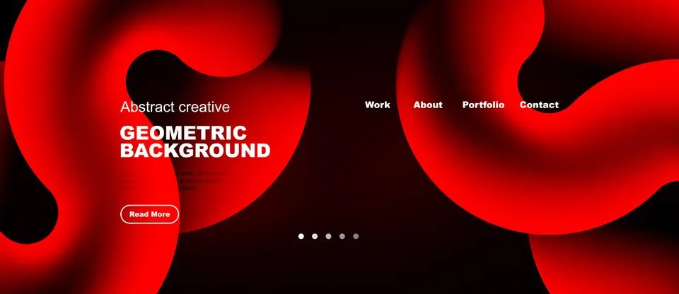Dynamic red abstract shapes dominate dark background. Website header includes Stock-Illustration