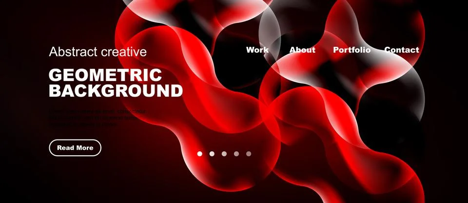 Dynamic red abstract shapes dominate dark background. Website header includes Stock Illustration