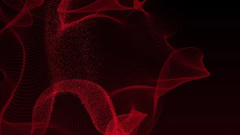 Dynamic red abstract waves of particles flowing on dark background, creating Video stock 295169183