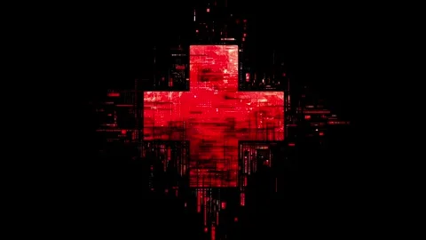 Dynamic red cross glitch animation loop on black background Stock Footage 318776691